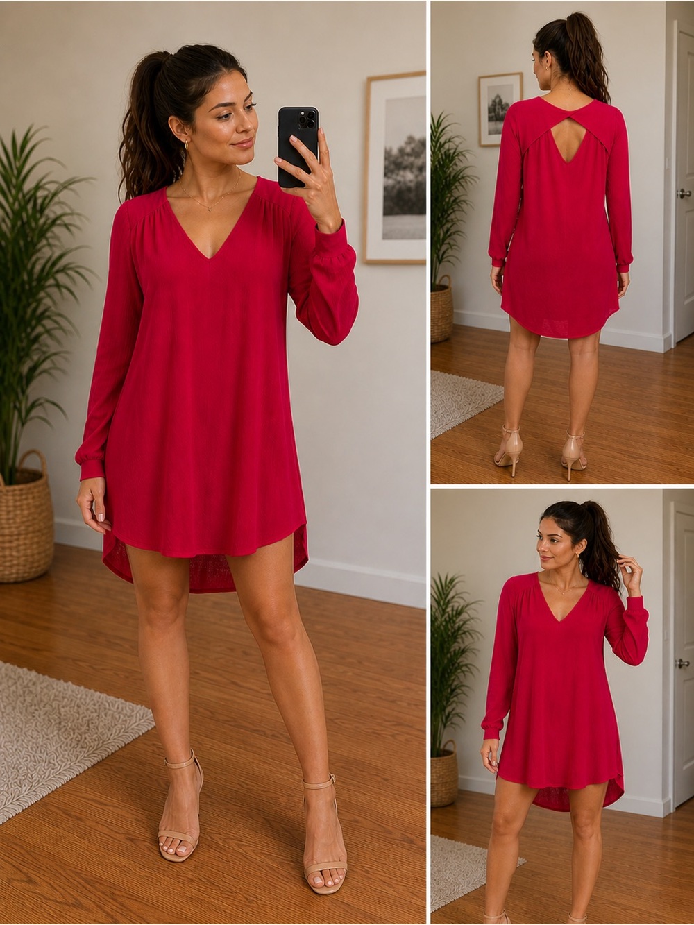 NWT Lush Red Barberry Back Cut Out Long SleeveTunic Dress Size XS